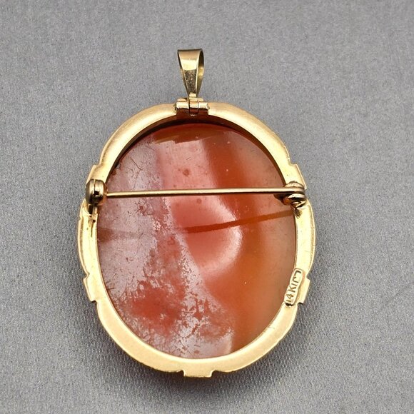 14K Yellow Gold Shell Cameo Brooch/Pendant Hand-Carved Profile 5.28g Signed LJI - Picture 5 of 11